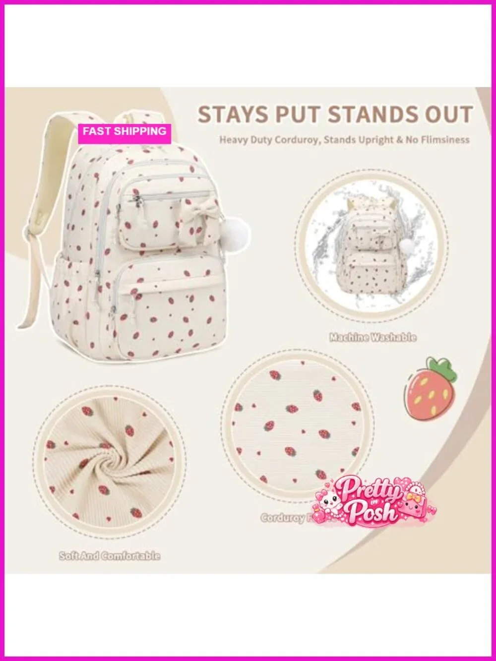 Cute Corduroy Bookbag Backpack for Teens with Multi-Pockets, Laptop Compartment